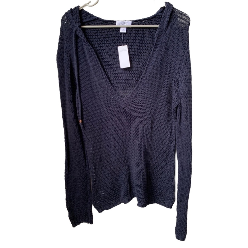 LOFT Women’s Navy Blue Open Weave  Stretchy V-neck Long Sleeve Hoodie Sweater